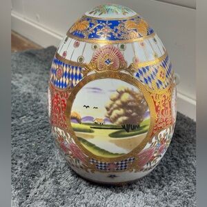 8 1/2” Satsuma Landscape Hand Painted Porcelain Egg
